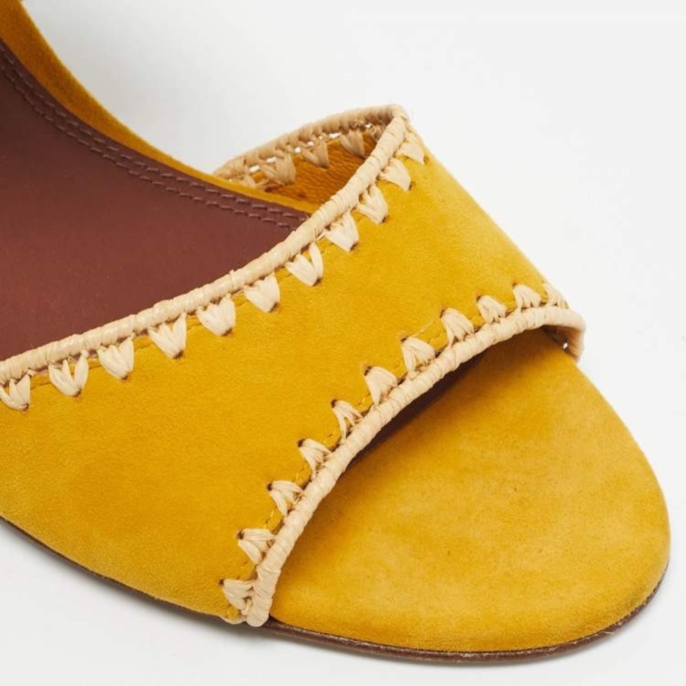 Tory Burch Yellow Raffia Suede Ankle Strap Sandals Block Heels Womens 6.5 - Picture 3 of 16